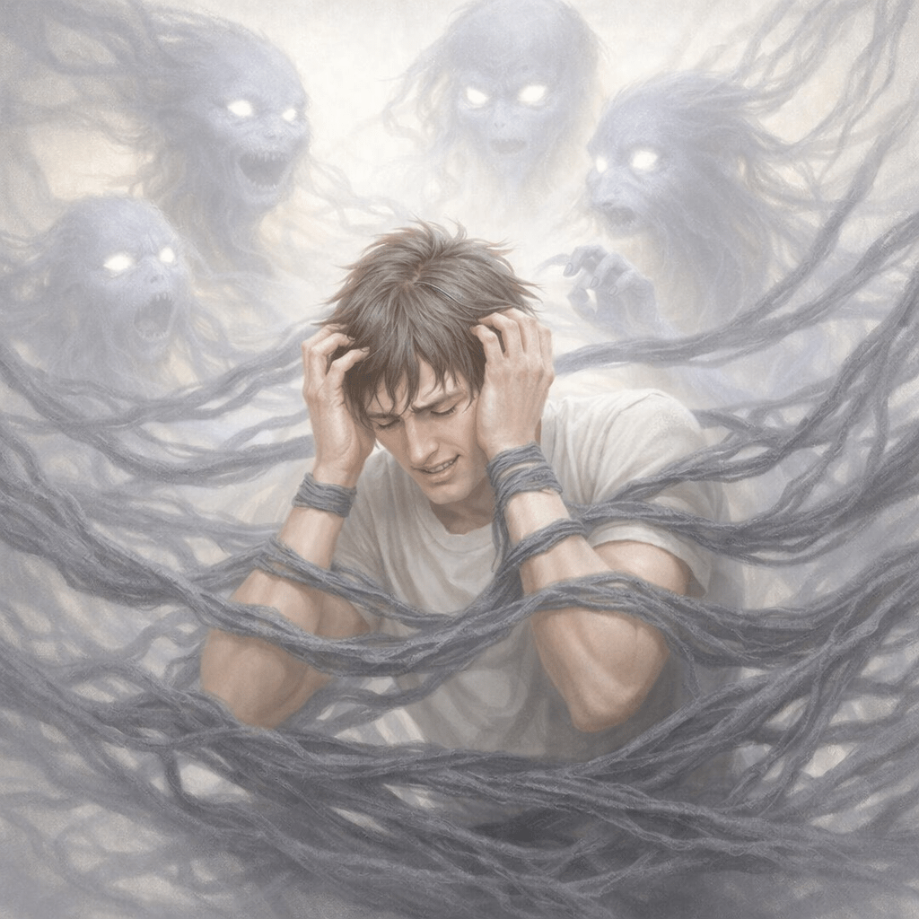 Man bound and distressed surrounded by shadowy ghostlike figures