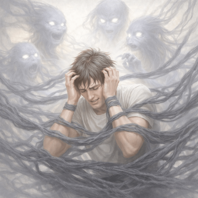 Man bound and distressed surrounded by shadowy ghostlike figures