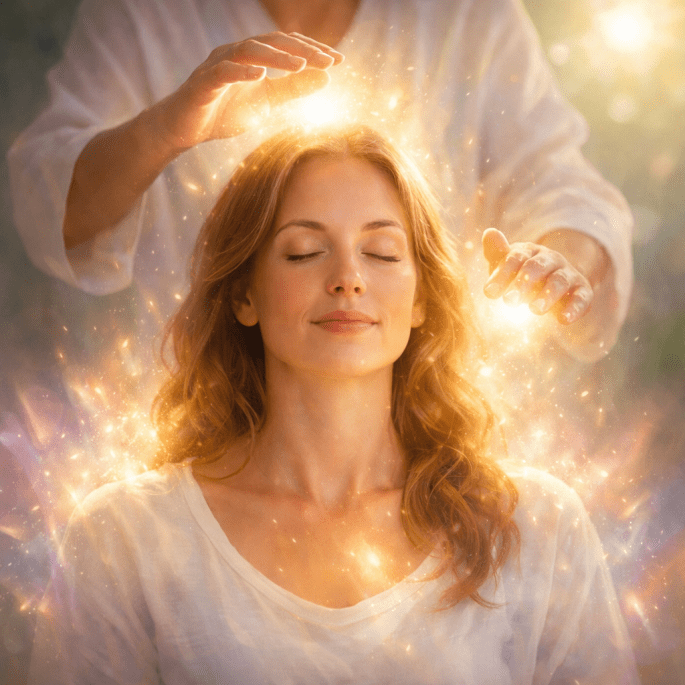 A woman with closed eyes receiving energy healing with glowing light around her head and chest.