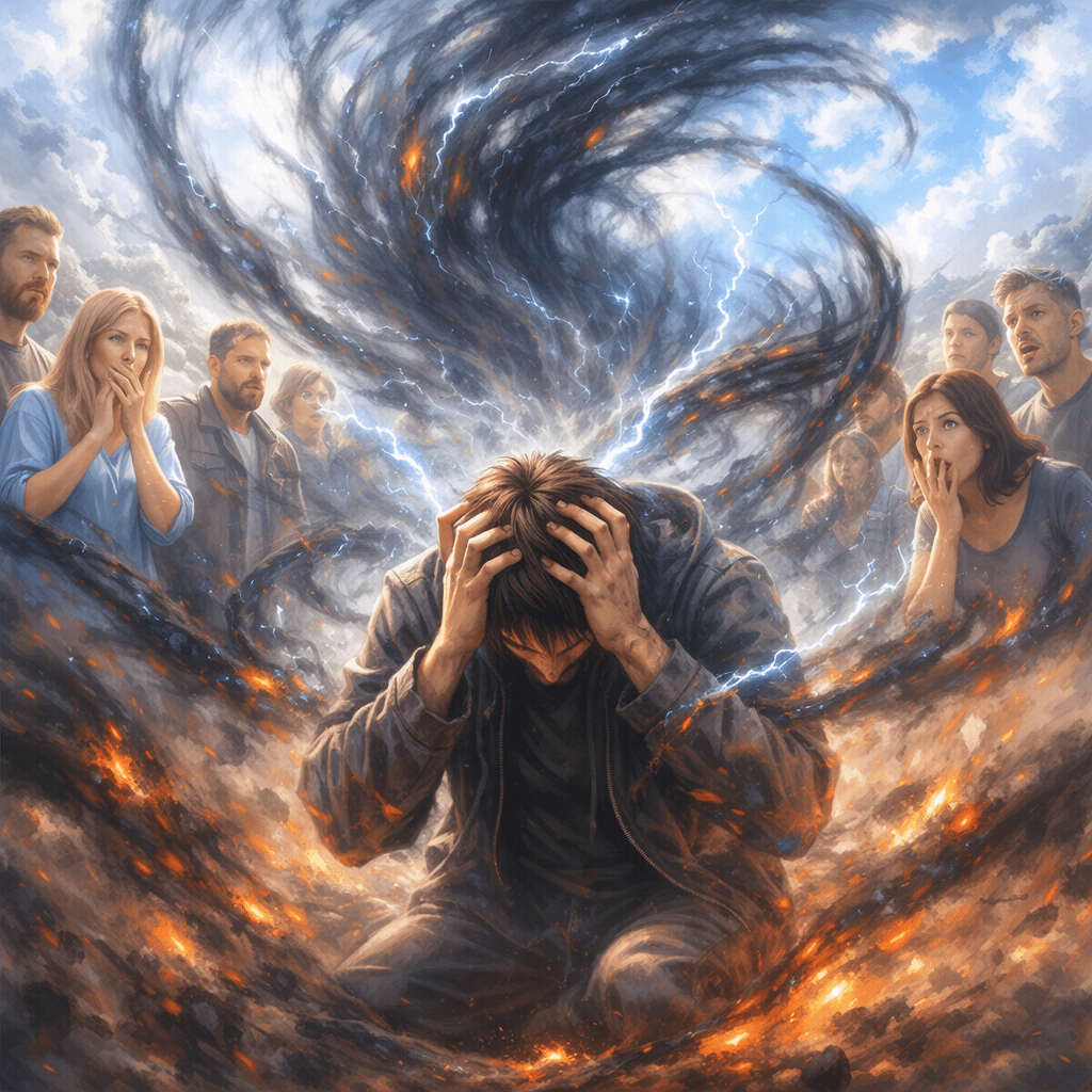 Person holding head surrounded by dark swirling energy with sparks of lightning and fire