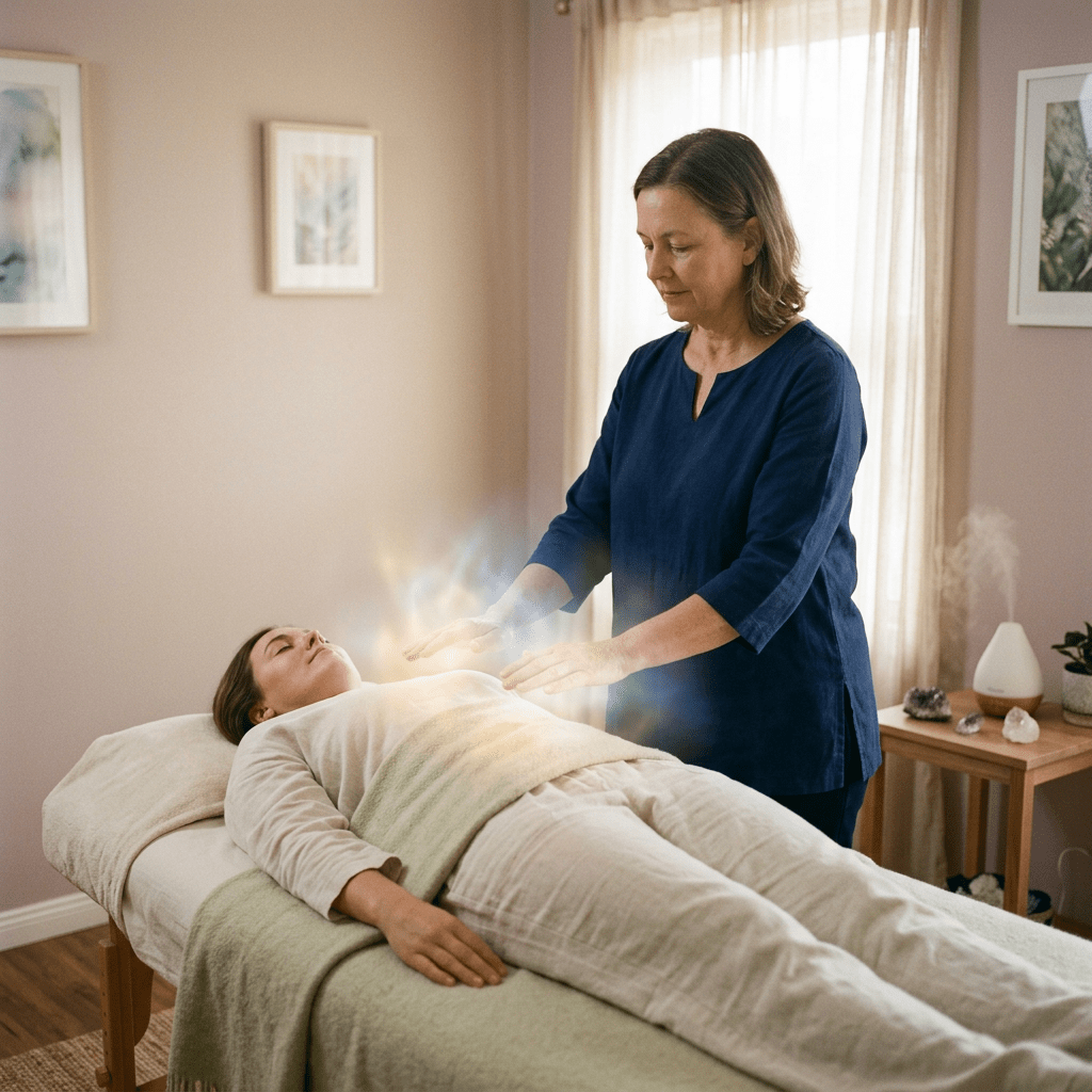 Therapist holding hands above client lying on massage table with glowing energy effect