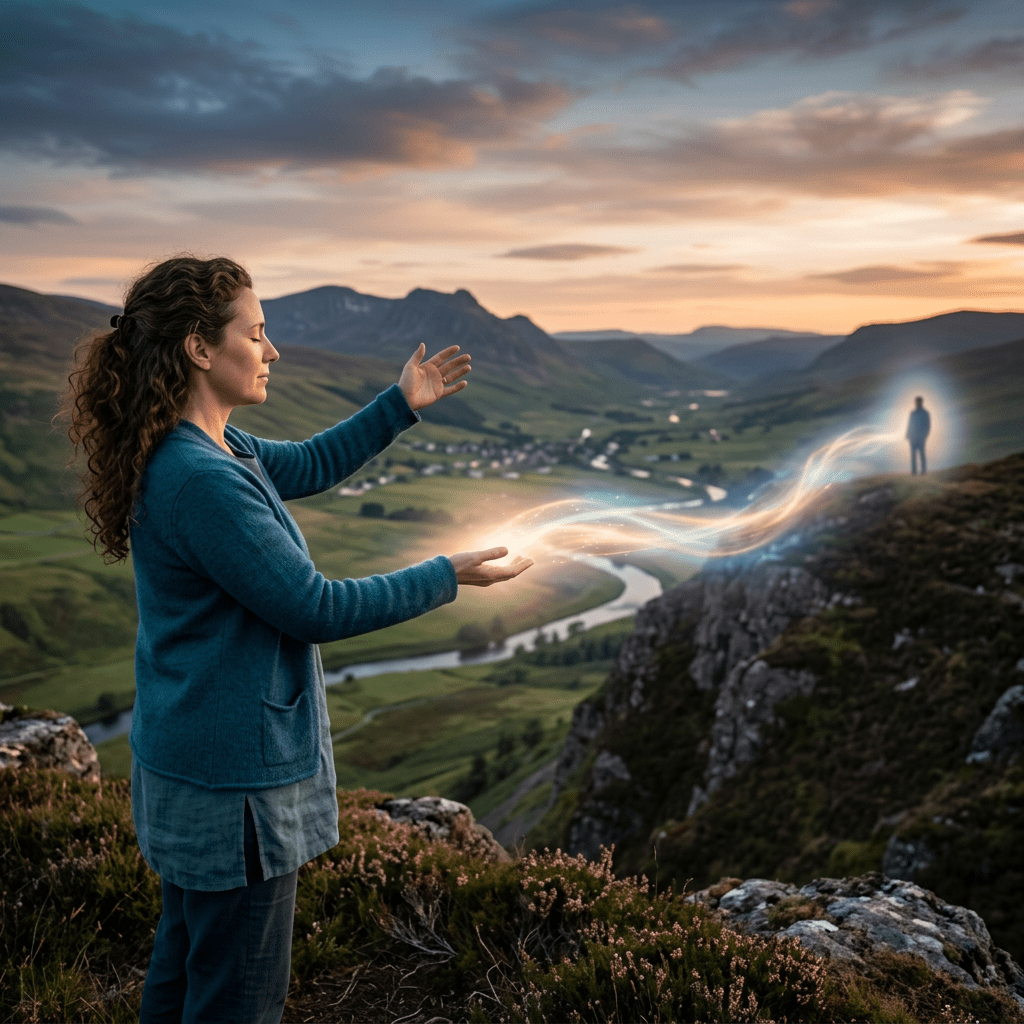 Woman directing glowing energy stream toward a distant figure across a valley