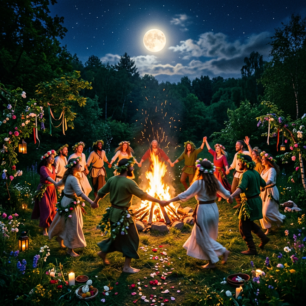Group of people in traditional garments dancing around a bonfire at night with a full moon overhead