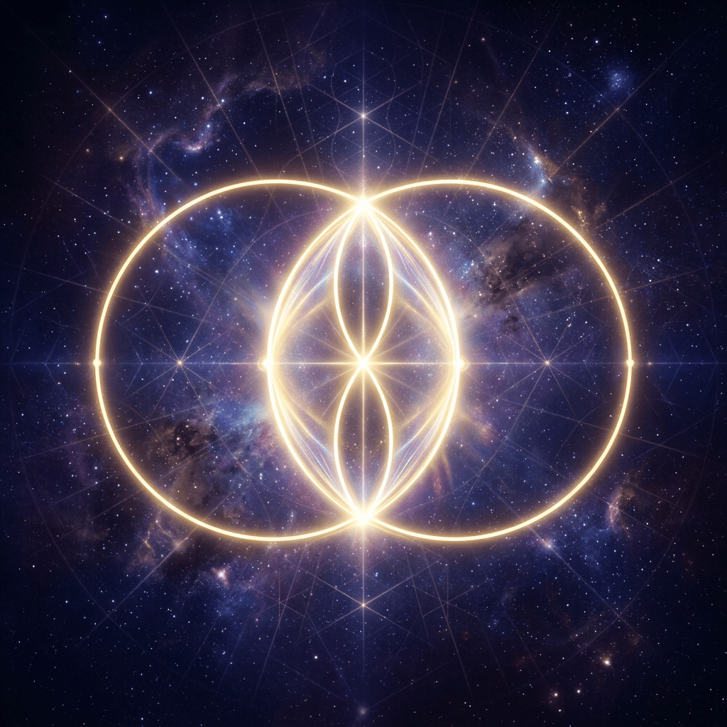 Bright golden sacred geometry pattern of intersecting circles on a dark star-filled space background