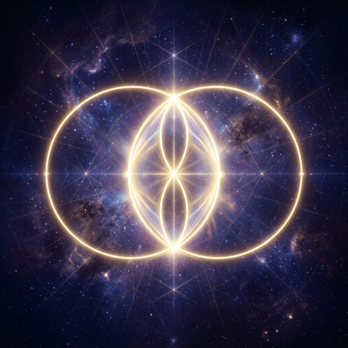 Bright golden sacred geometry pattern of intersecting circles on a dark star-filled space background