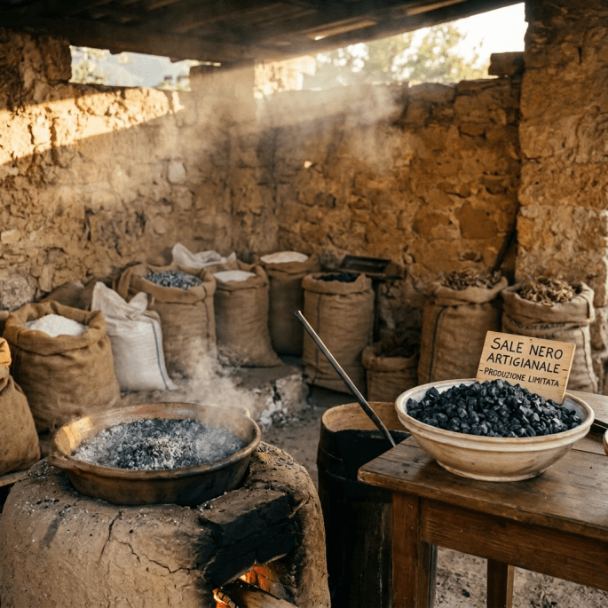 Older man stirring salt in a clay pot over fire in rustic workshop with artisanal black salt sign