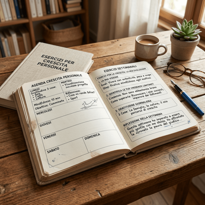 Open personal growth journal with weekly tasks and reflections written in Italian