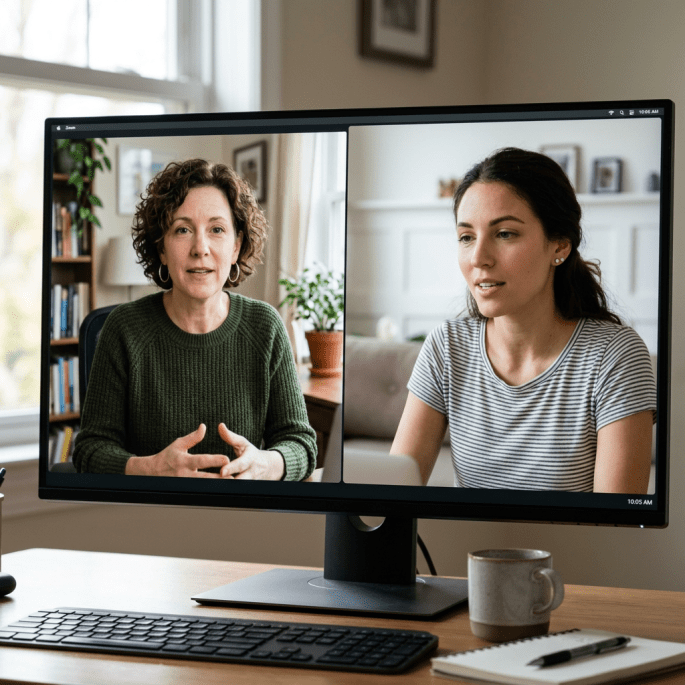Two women participating in a video conference on a computer screen