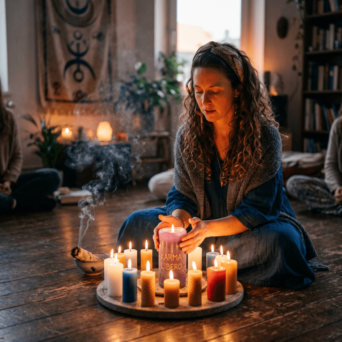 Woman sitting cross-legged on wooden floor, surrounded by lit candles and burning incense