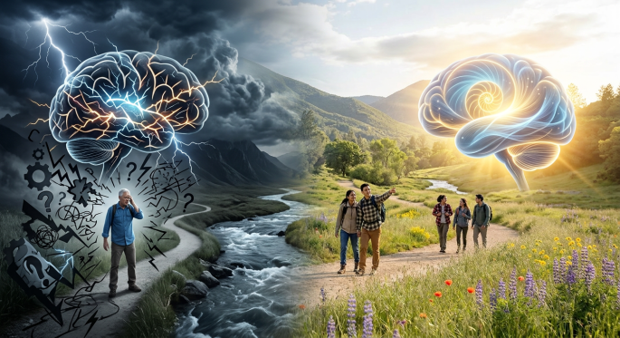 Elderly man with confused thoughts under stormy sky and glowing brain, opposite group of happy hikers with radiant brain in sunny landscape