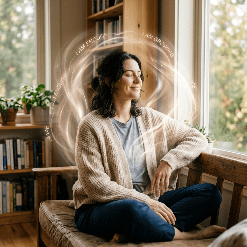 Woman meditating with positive affirmations in a cozy room