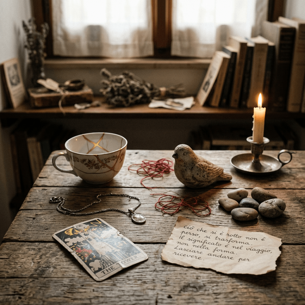 Wooden table with a tarot card, necklace, ceramic cup, stones, bird figurine, lit candle, red string, and handwritten note