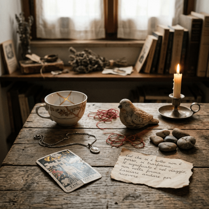 Wooden table with a tarot card, necklace, ceramic cup, stones, bird figurine, lit candle, red string, and handwritten note