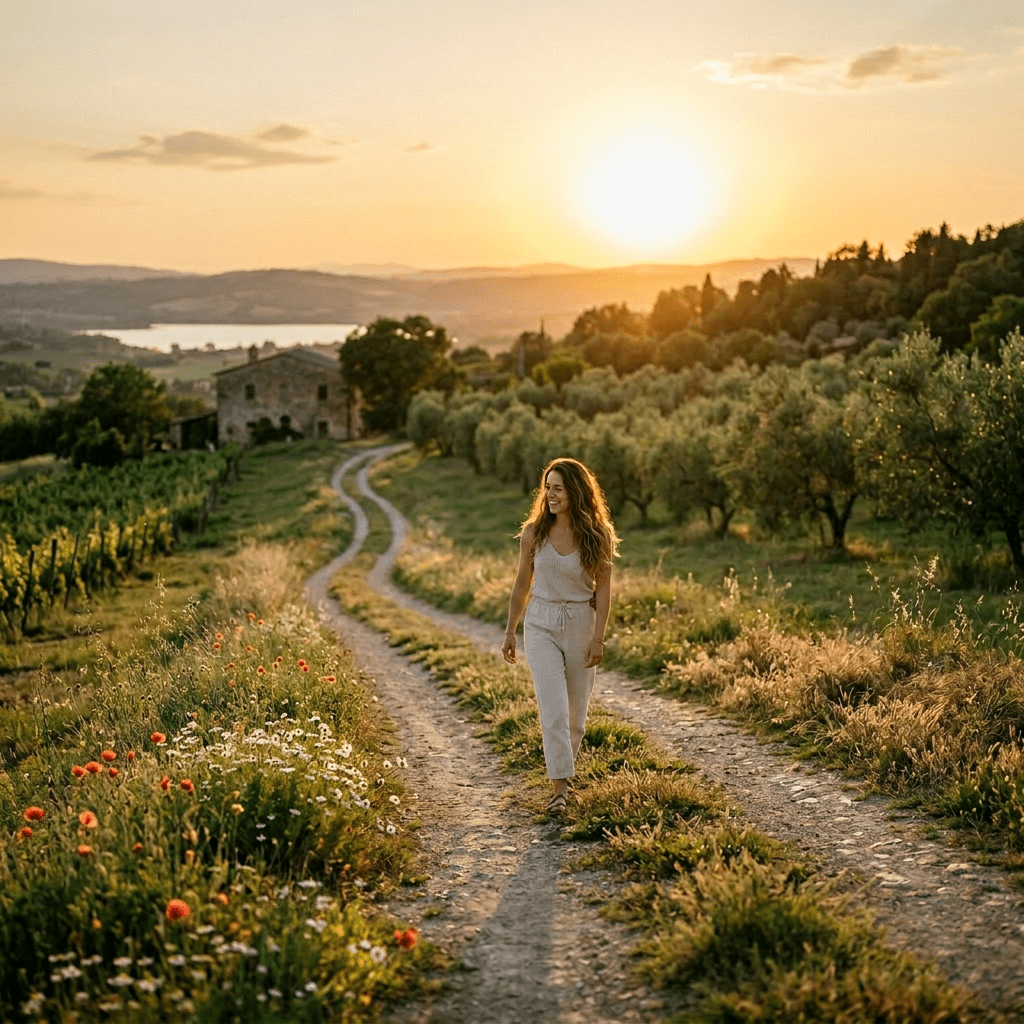 Older and younger woman walking arm in arm on a dirt road through a vineyard at sunset