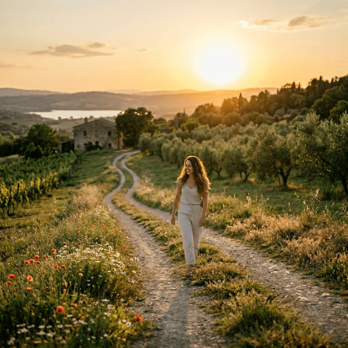 Older and younger woman walking arm in arm on a dirt road through a vineyard at sunset