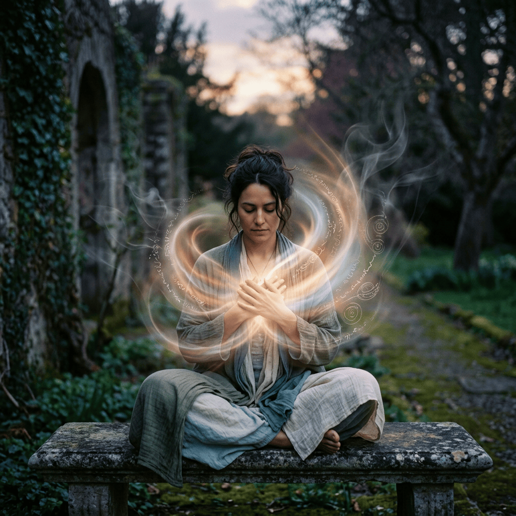 Woman sitting cross-legged on a stone bench meditating with glowing magical energy around her.