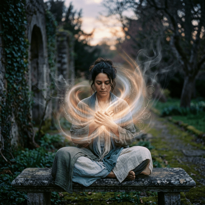 Woman sitting cross-legged on a stone bench meditating with glowing magical energy around her.