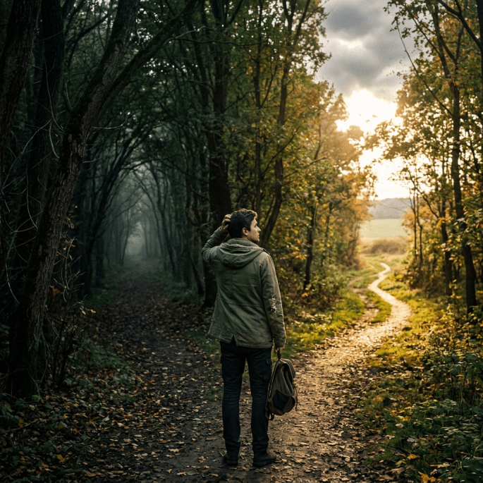 Person standing at a fork in a forest trail during autumn, looking towards the sunlit path