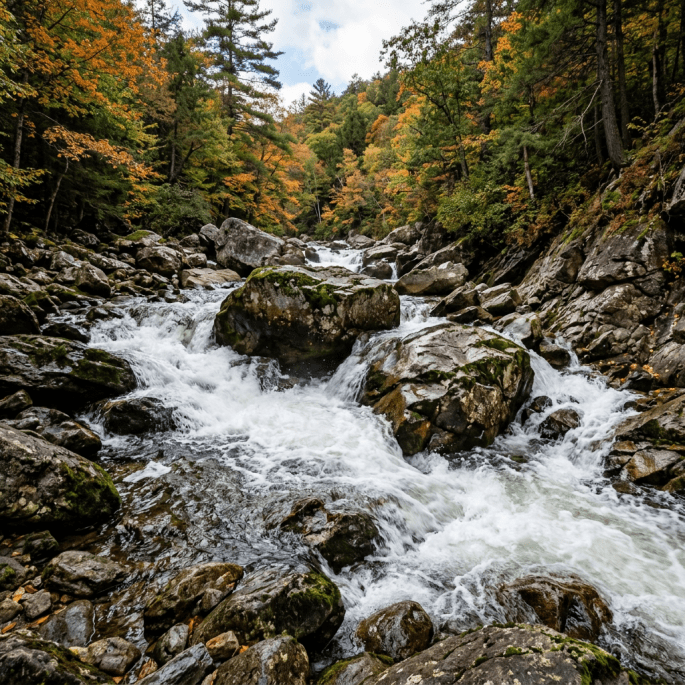 Fast-flowing river cascading over rocks with colorful autumn trees around