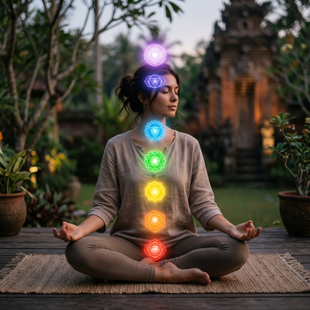 Woman meditating cross-legged with colorful glowing chakra symbols from base to crown