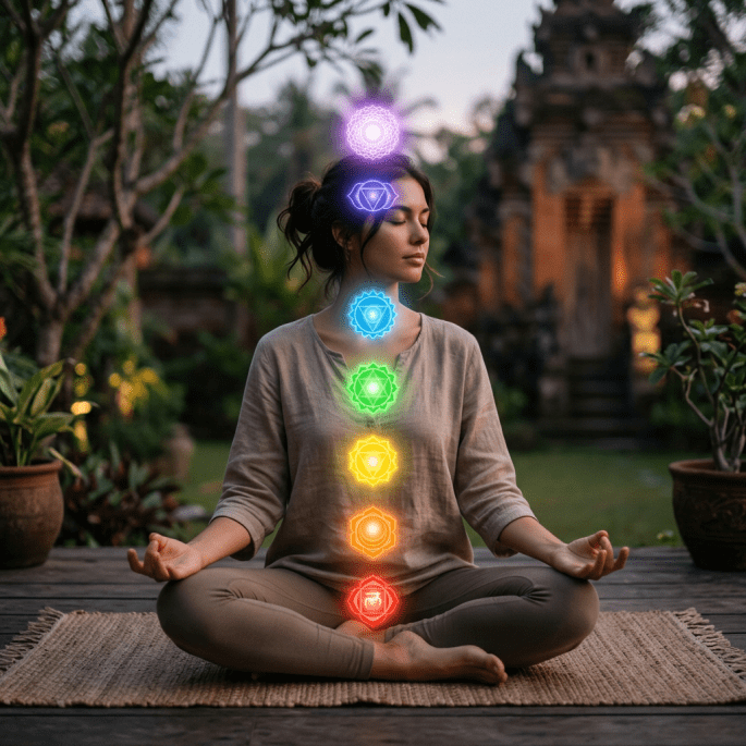 Woman meditating cross-legged with colorful glowing chakra symbols from base to crown