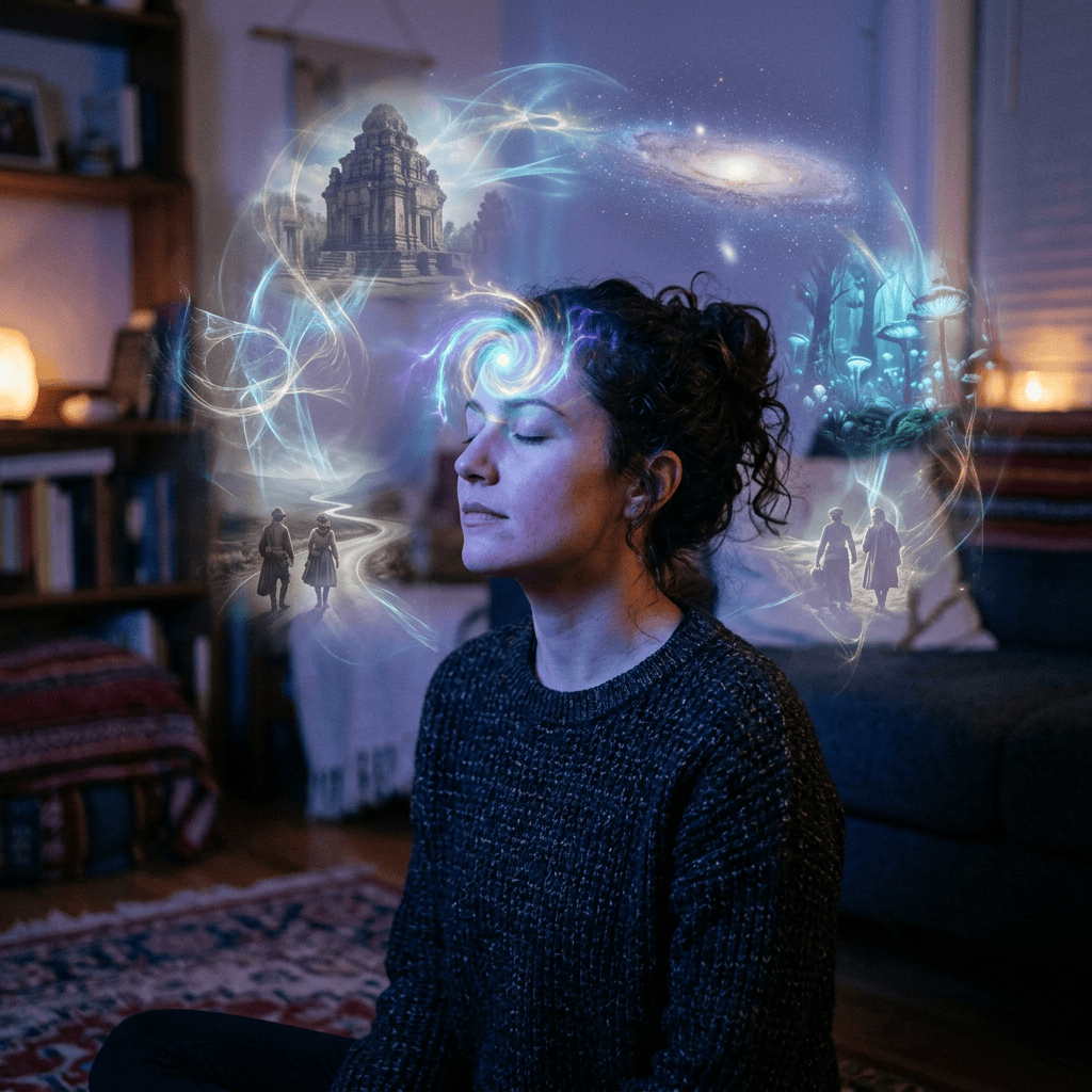 Woman meditating with visionary swirling images of ancient temple, galaxy, mushrooms, and walking figures