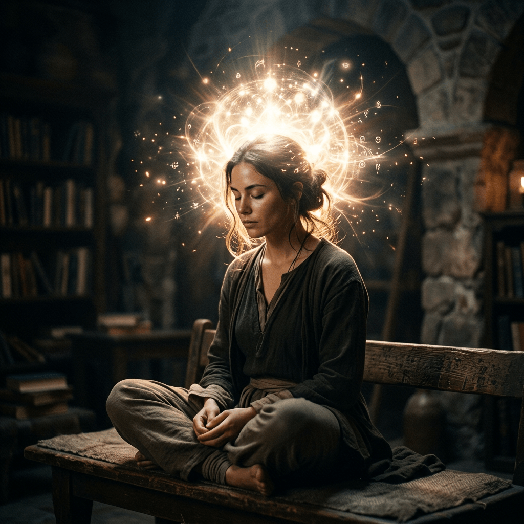 Woman sitting cross-legged on a wooden bench meditating with glowing magical aura around her head