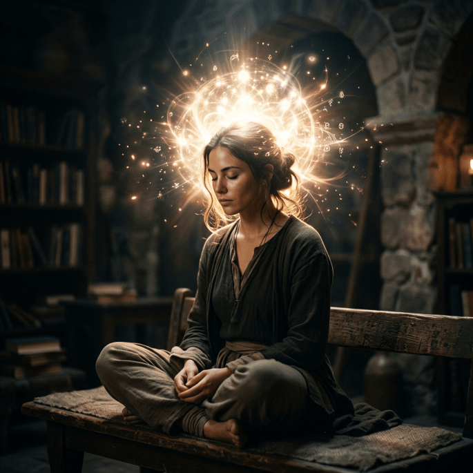 Woman sitting cross-legged on a wooden bench meditating with glowing magical aura around her head