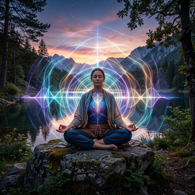 Woman meditating cross-legged on rock near lake surrounded by glowing concentric energy waves at sunset