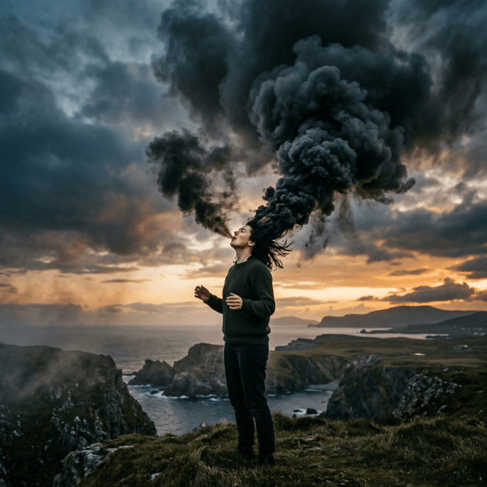 Person on cliffside with dense black smoke coming from mouth at sunset