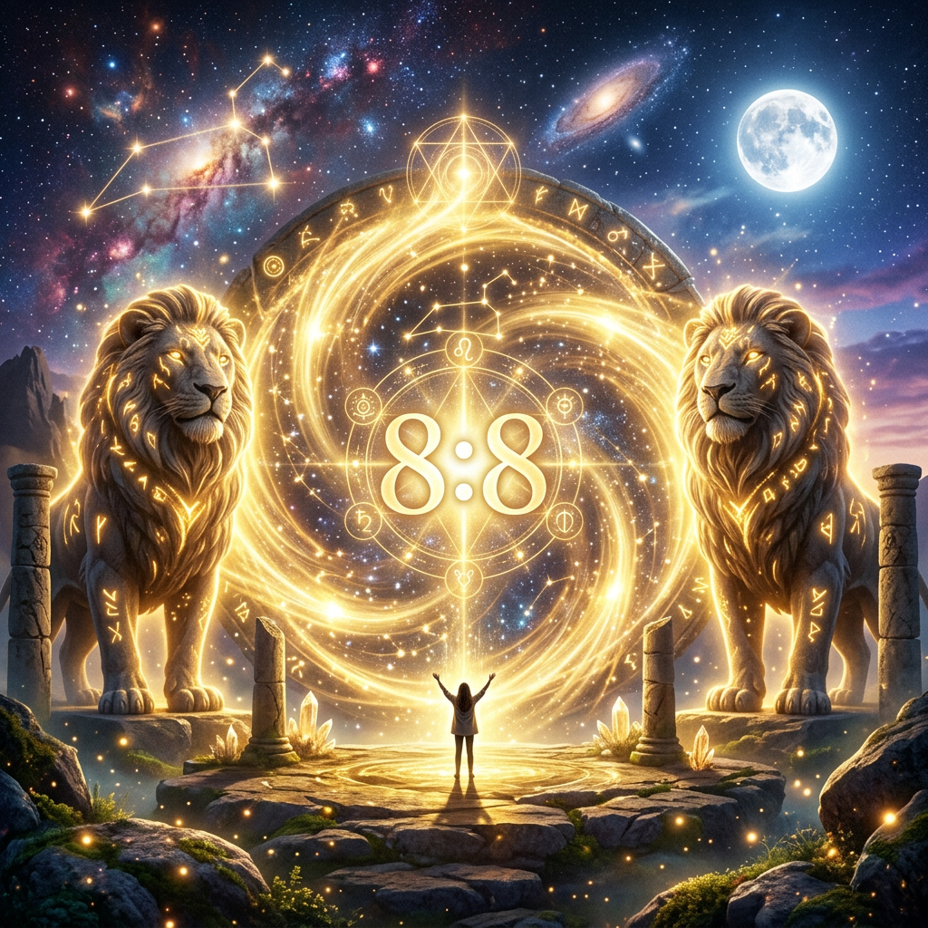 Person with arms raised facing a glowing portal flanked by two large lions under stars and full moon
