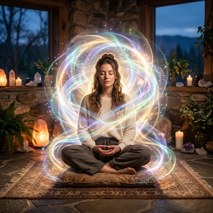 Woman sitting cross-legged on a cushion meditating with colorful swirling light around her