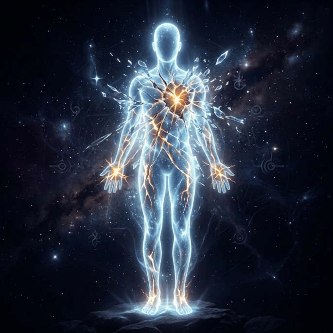 Glowing human silhouette with red energy points on hands, chest, and feet against starry sky