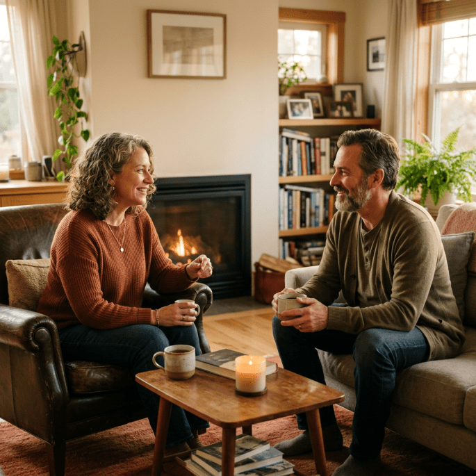 Two people sitting in a living room near a fireplace, talking and holding mugs