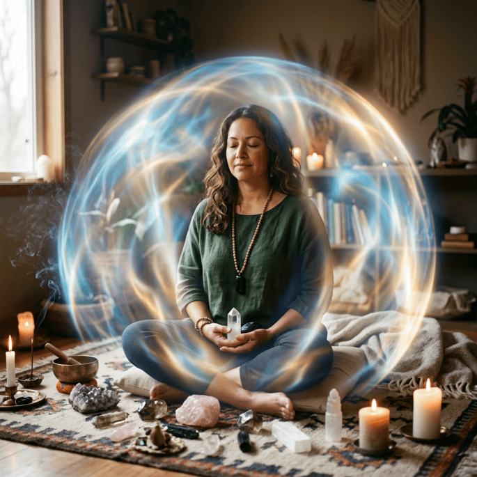 Woman sitting cross-legged holding crystals inside a glowing protective energy sphere