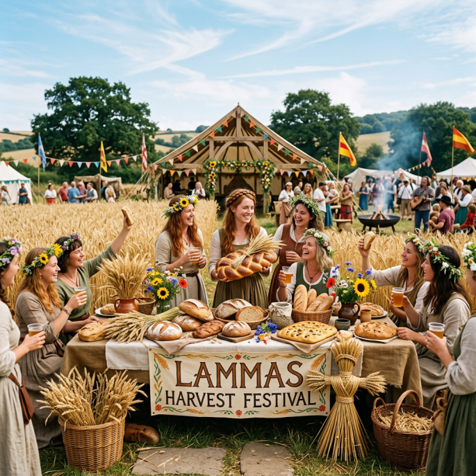 Group of women in traditional dress with flower crowns around a table with bread and wheat at Lammas harvest festival