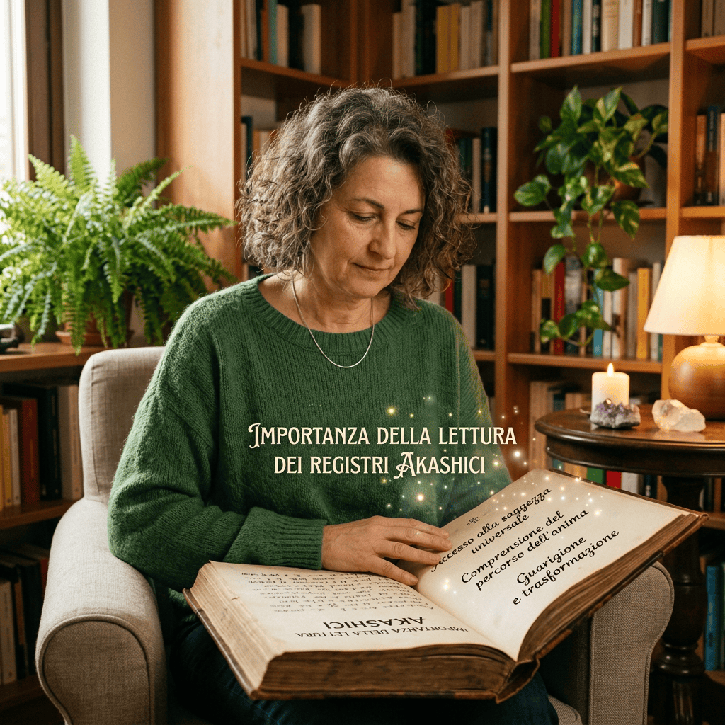 Donna legge un libro con testo sui registri Akashici e il loro significato