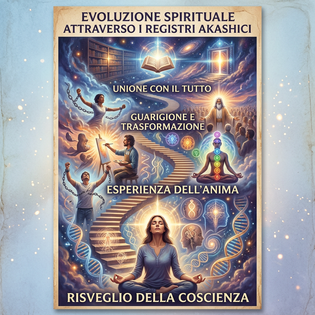 Poster titled Evoluzione spirituale attraverso i registri akashici with spiritual journey imagery