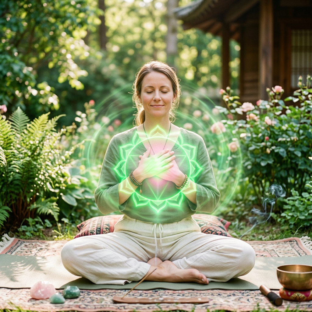 Woman meditating cross-legged with glowing green heart chakra in garden
