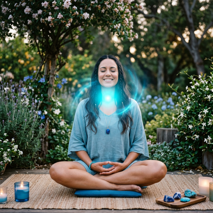 Woman meditating cross-legged in a flower-filled garden with glowing blue light