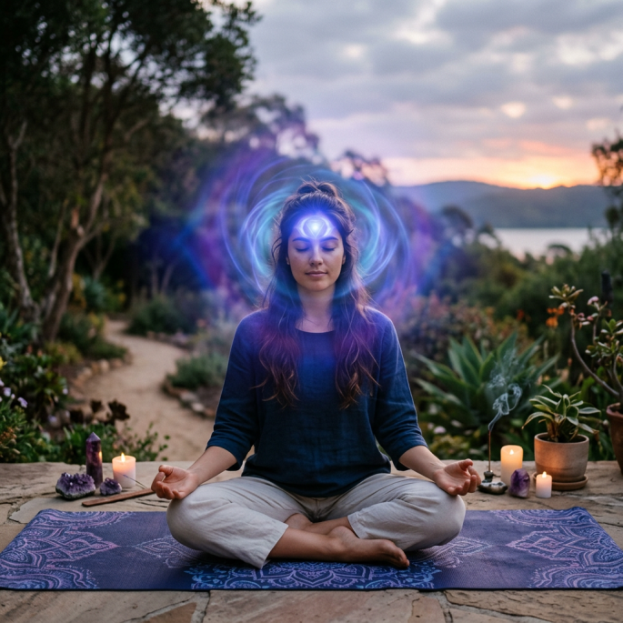 Woman meditating on a patterned mat with glowing energy around her