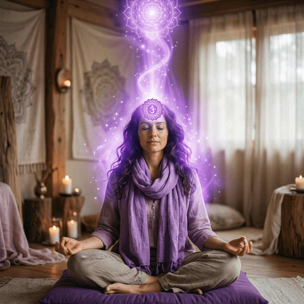 Woman meditating cross-legged beneath a glowing purple energy symbol