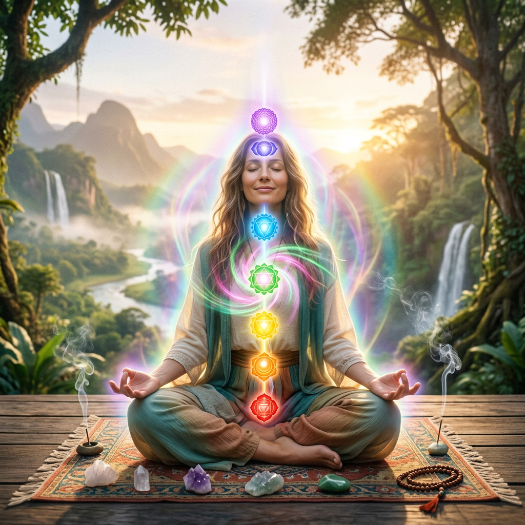 Meditating woman surrounded by glowing chakra symbols in a forest landscape