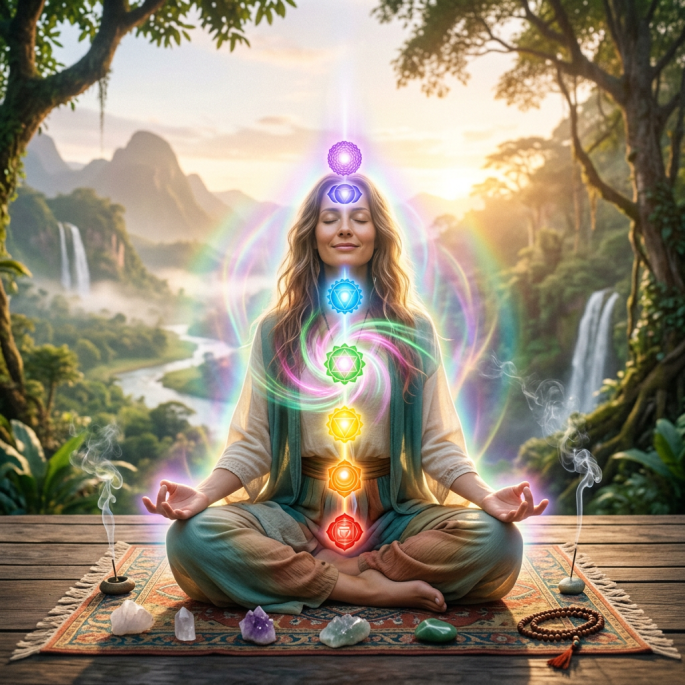 Meditating woman surrounded by glowing chakra symbols in a forest landscape