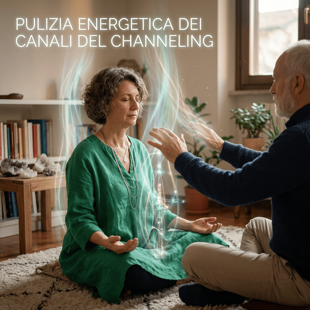Italian text about energetic cleansing of channeling channels over two seated people