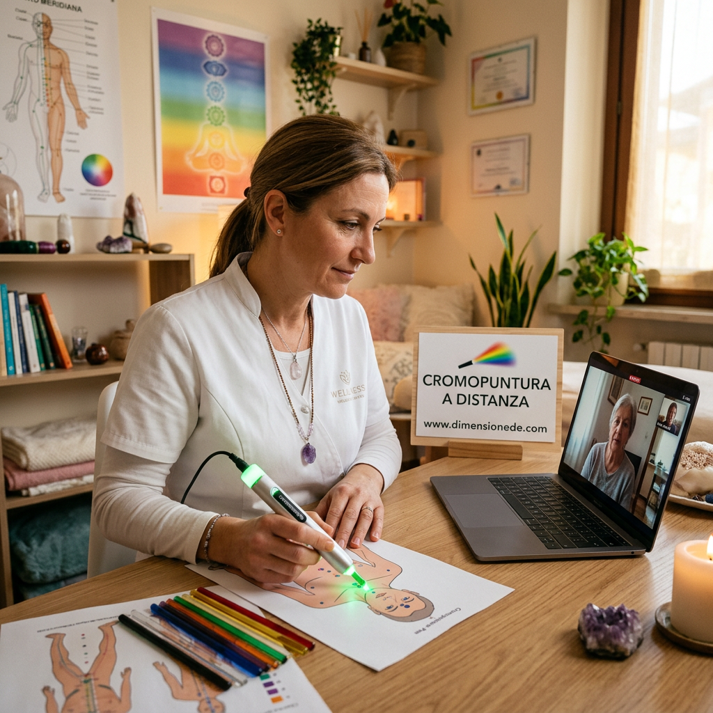 Wellness practitioner using a light pen on an acupressure chart during video consultation