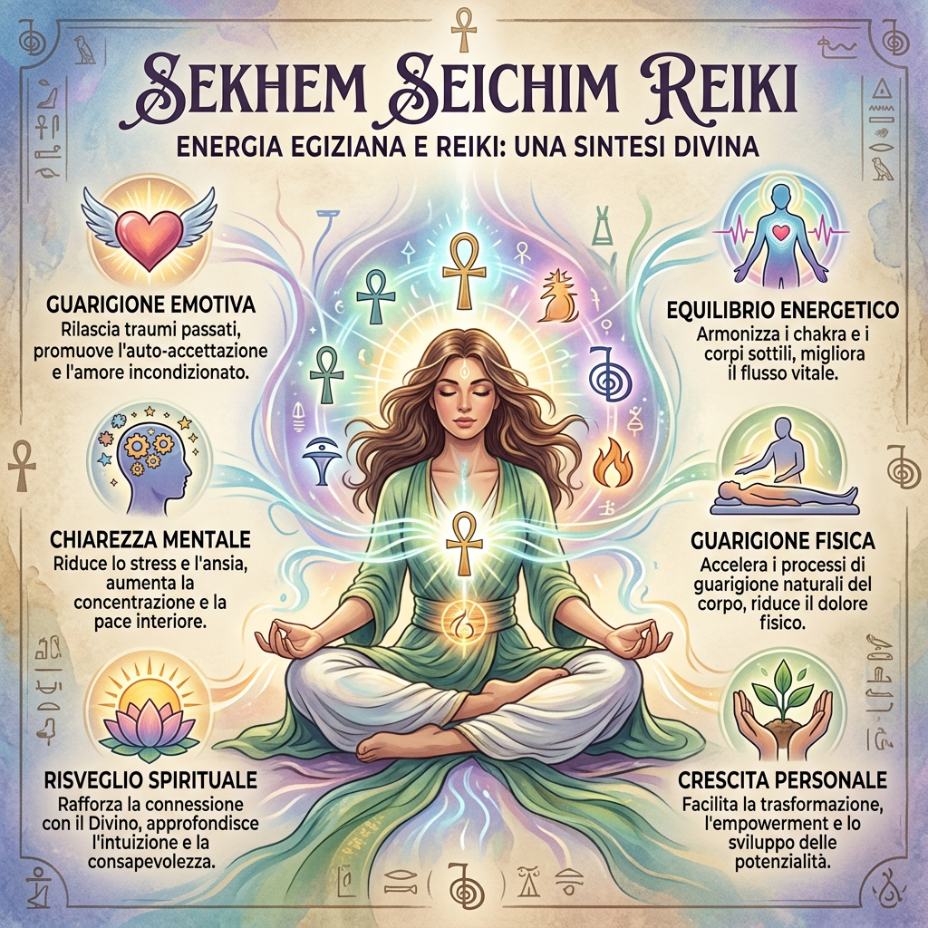 Infografica in italiano intitolata “Sekhem Seichim Reiki – Energia egiziana e Reiki: una sintesi divina”, con una donna meditante e sei benefici: guarigione emotiva, equilibrio energetico, chiarezza mentale, guarigione fisica, risveglio spirituale e crescita personale.